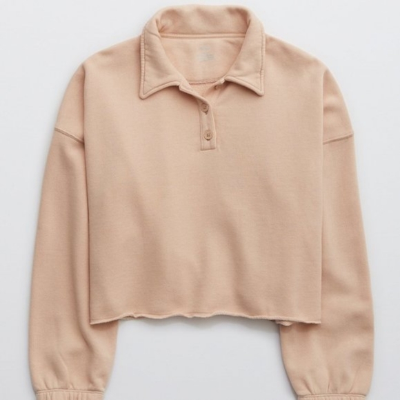 aerie Sweaters - Aerie Fleece-Of-Mind Cropped Polo Sweatshirt in Sand
